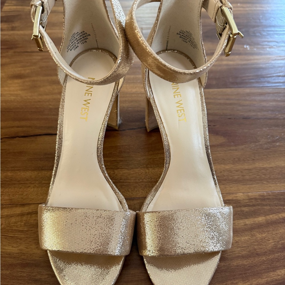 Nine West Metallic Rose Gold Ankle Strap Block Heels